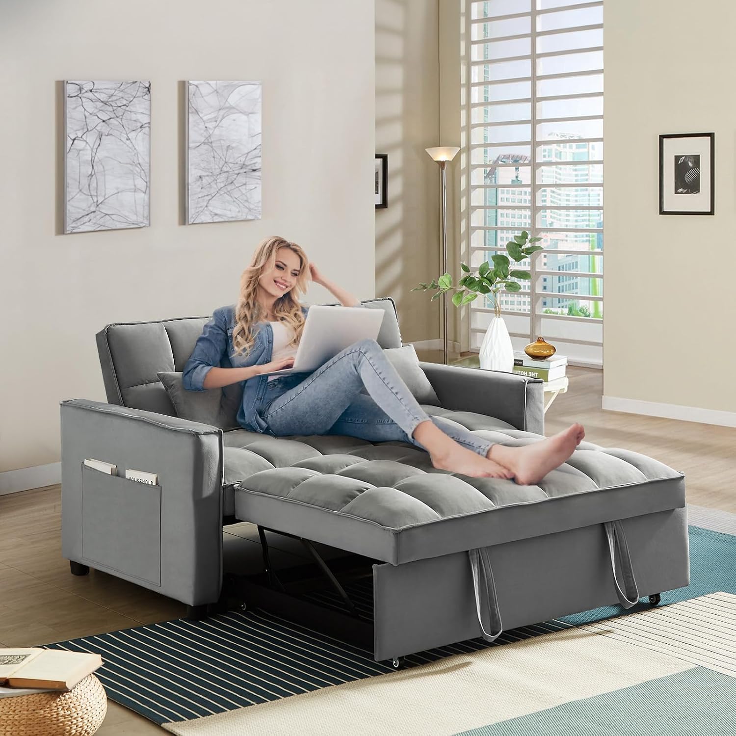 Woman relaxing on the JEEOHEY 3-in-1 Convertible Sleeper Sofa Couch in lounge mode