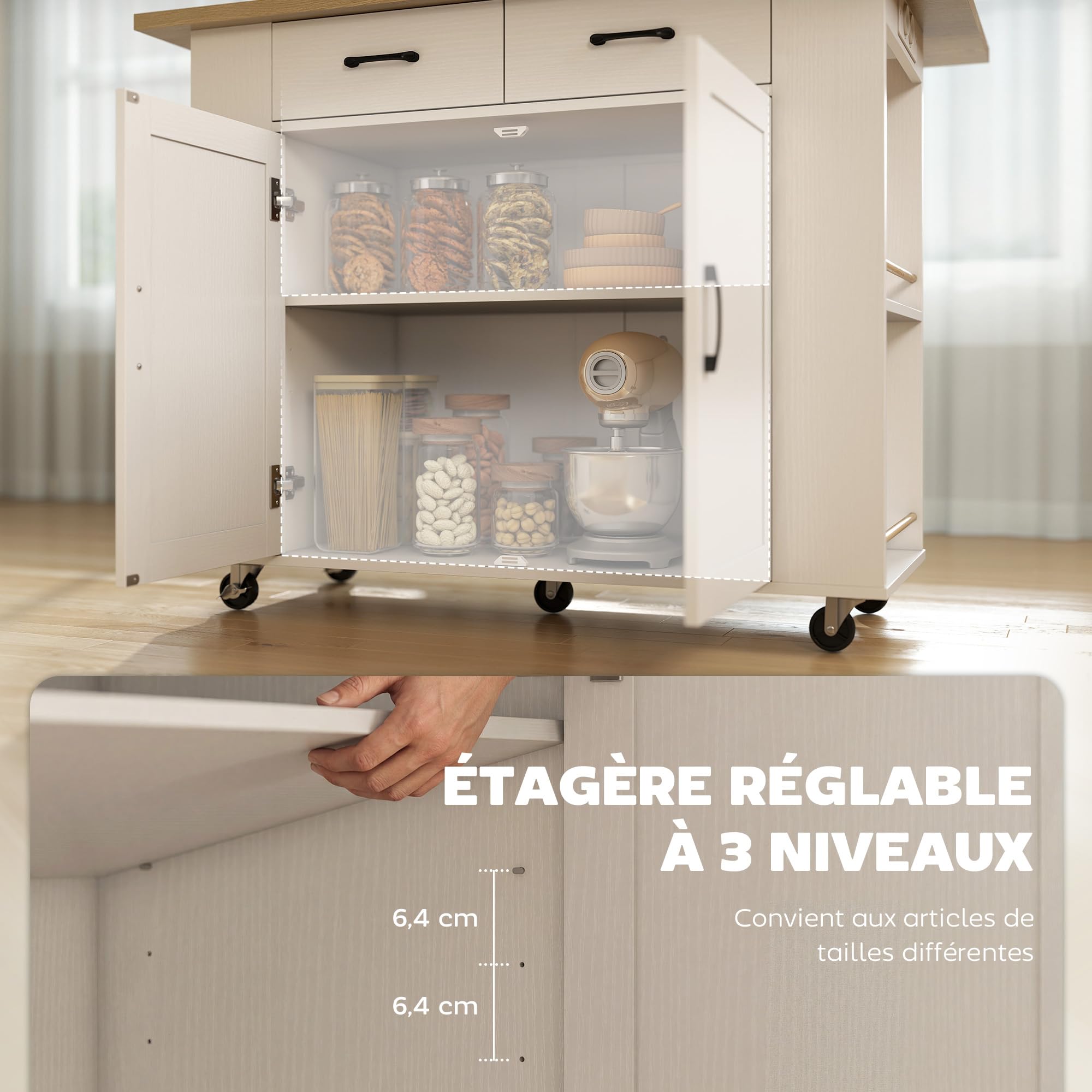HOMCOM Îlot de Cuisine avec Station de Charge, Chariot de Cuisine à roulettes avec Plan de Travail Rabattable, Racks à Épices, 2 Tiroirs et Étagère Réglable, pour Cuisine et Salle à Manger, Blanc