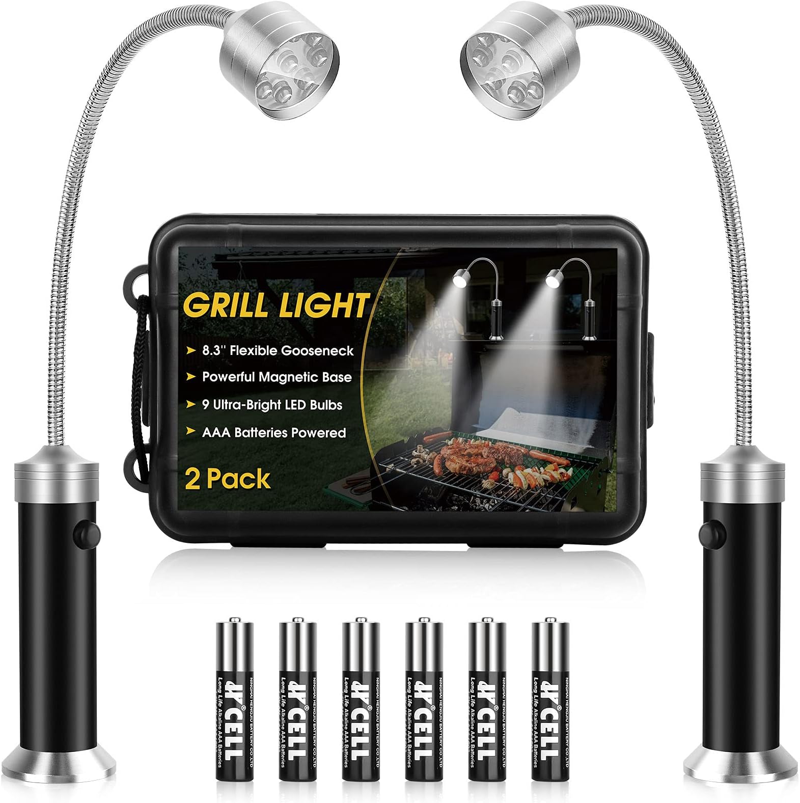 Jasee Barbecue Grill Light, BBQ Accessories for Outdoor with Magnetic Base, Mens Stocking Stuffers Grilling Gifts, 360 Degree Flexible Neck, Water Heat Resistant, Batteries Included - 2 Pack