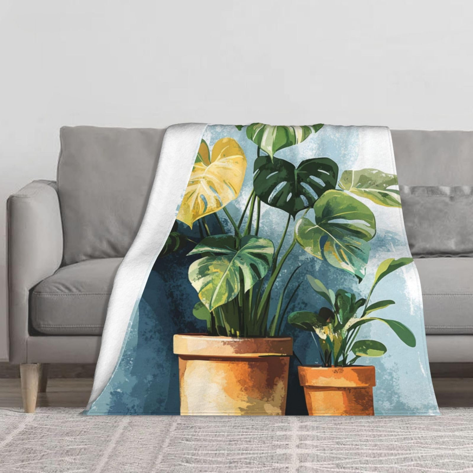 Plaid polaire motif plantes en pot pour sieste au bureau et camping