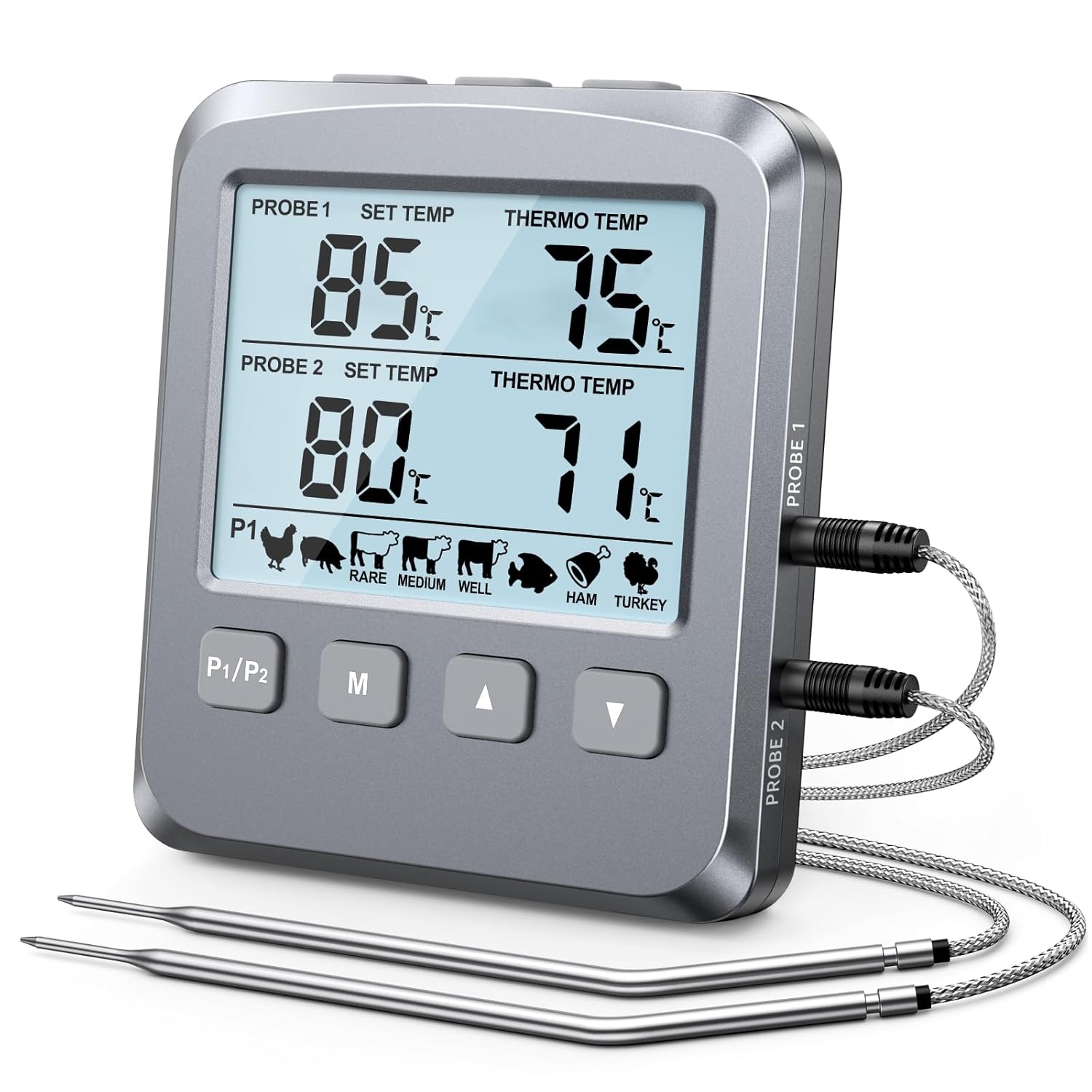 CIRYCASE Doppelsonden Fleischthermometer Digital, Grillthermometer Thermometer Kochen mit 8 Voreingestellte Temperaturen, LCD Bildschirm & Alarm, Bratenthermometer für Küche,…