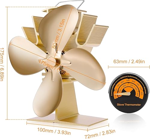 Miniatura 7 de CWLAKON Ventilador de estufa de leña alimentado por calor, 4 aspas, ventiladores silenciosos de estufa ecológica con termómetro, ventilador de