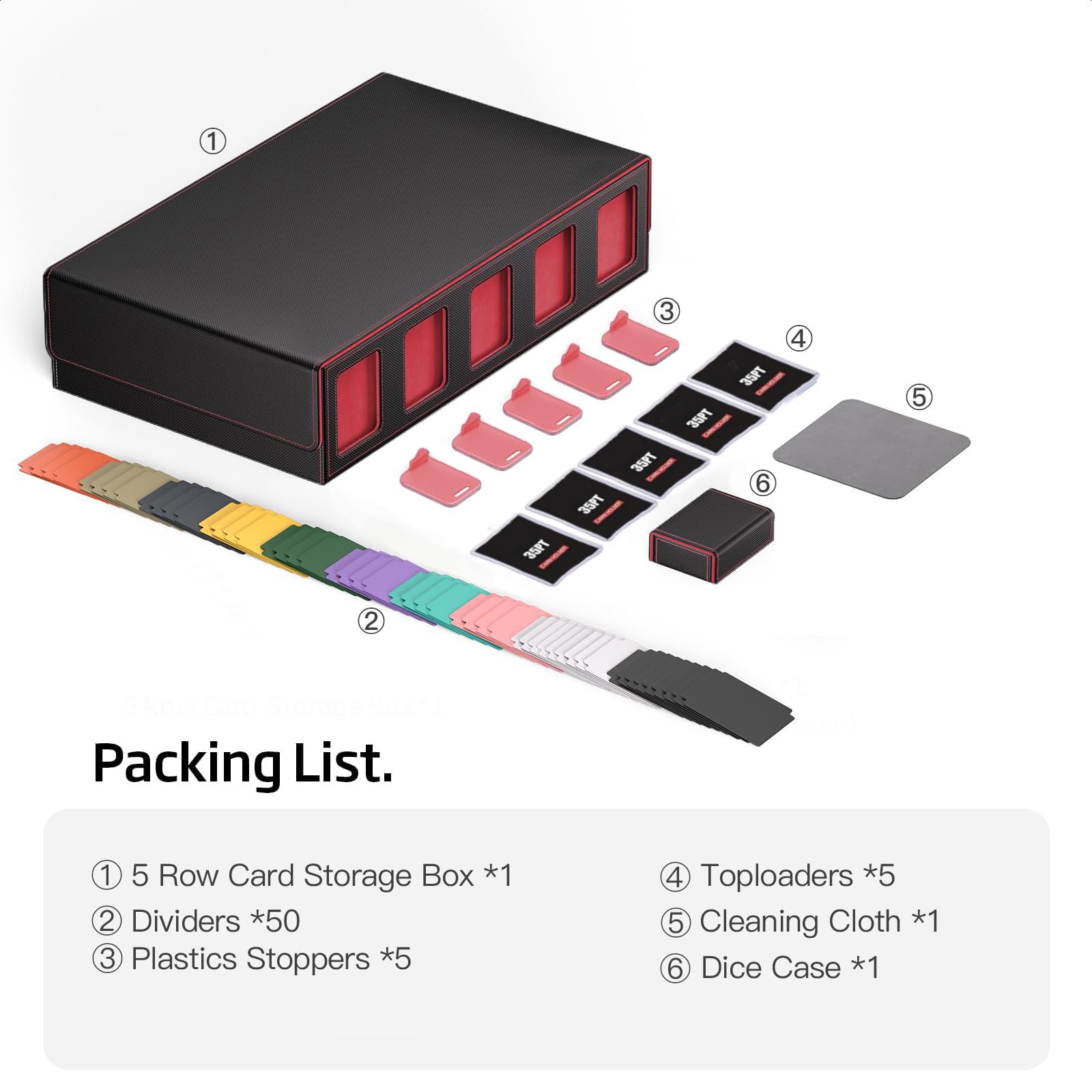 Trading Card Storage Box mit Commander Display, 3900+ Karten Commander Deck Case hält mit abnehmbarem Deckel, 5-Reihe MTG Organizer für TCG PTCG Sports Card,5 Toploader,50 Teiler (Rot)