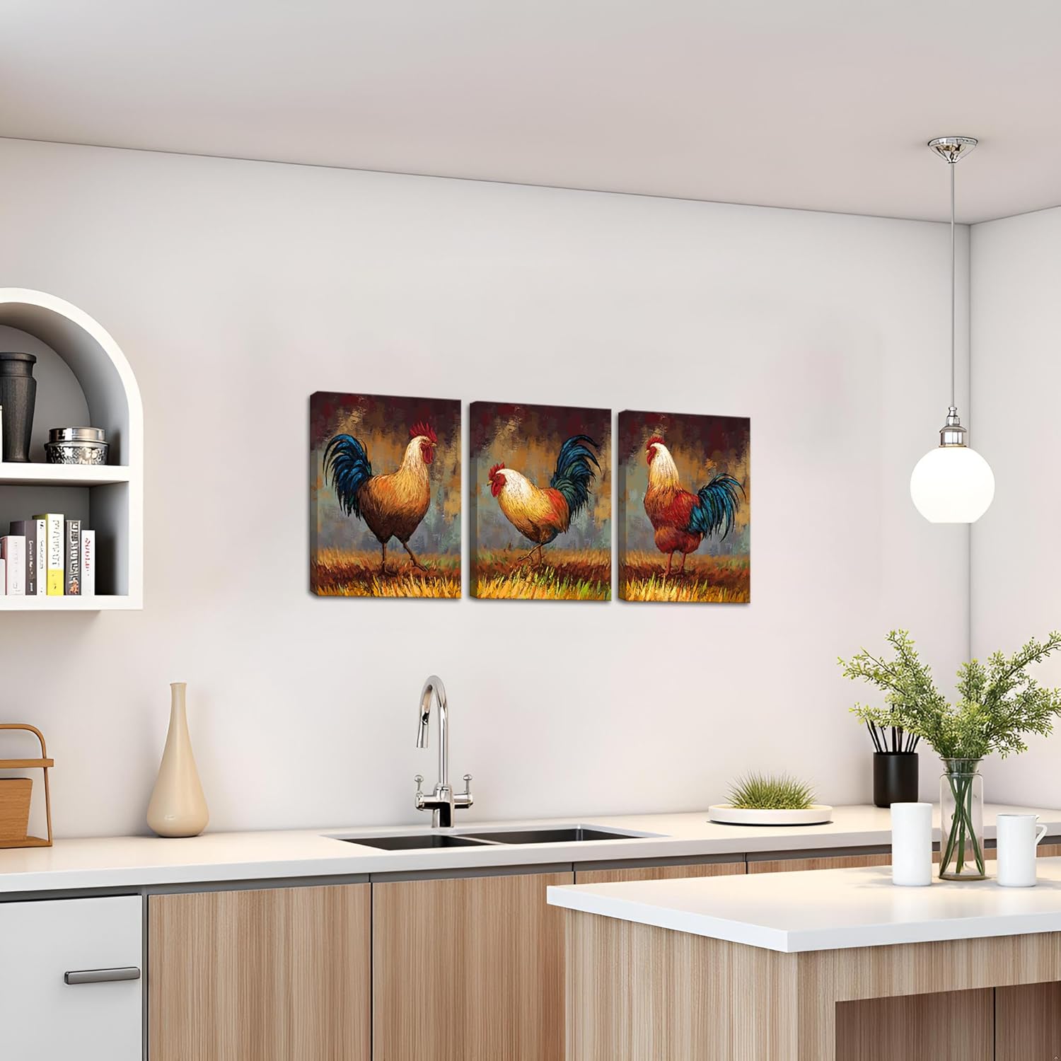 FuShvre Rooster Kitchen Decor Chicken Wall Art Picture on Canvas Farmhouse Decorations for Home Framed 12"x16"x3pcs