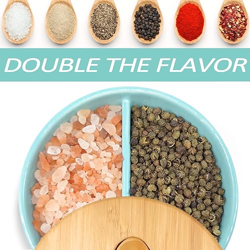 Miniatura 2 de Cuencos de cerámica para sal y pimienta, bodega de sal con tapa y cuchara de bambú, soporte para caja de sal de granja con dos compartimentos