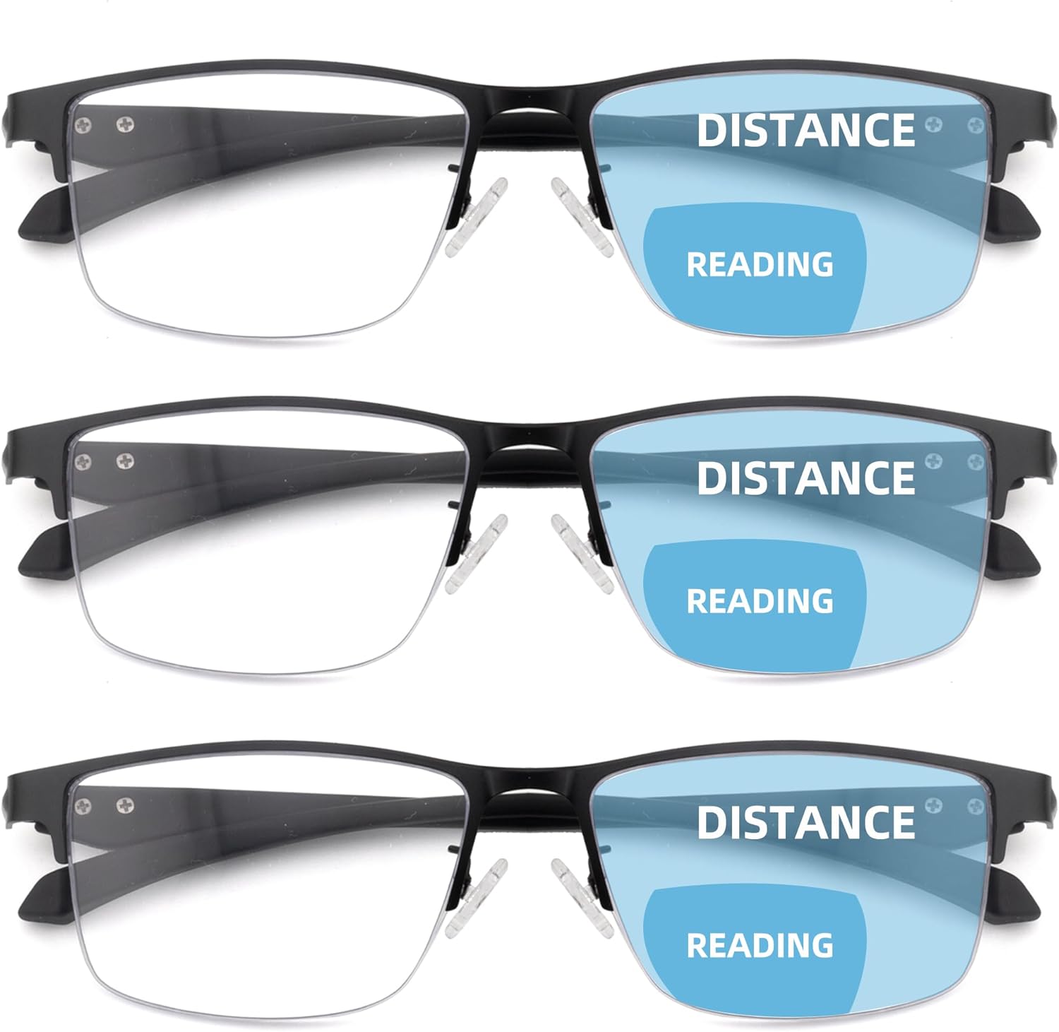 3 Pack Bifocal Reading Glasses Men Blue Light Blocking Metal Half Frame TR90 Temples MultiFocal Readers with Spring Hinges(2.5x)