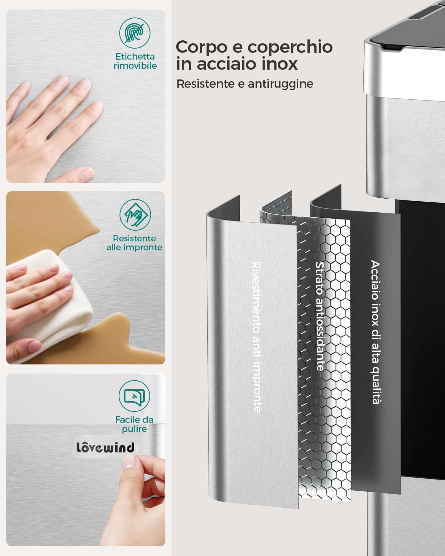 lovewind Cubo de Basura Cocina con Sensor 55L, Cubo Basura Automático Recargable con Puerto USB-C, Cubo de Basura Inteligente de Acero Inoxidable con Tapa, para Cocina y Oficina, Plata