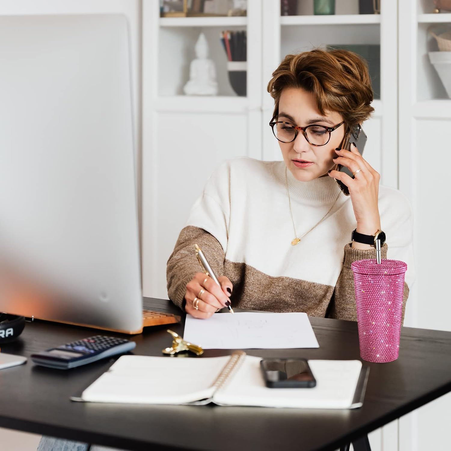 Mimorou Studded Bling Diamond Tumbler Glitter Water Bottle with Lid Stainless Steel Vacuum Thermal Straw Rhinestone Tumbler with 1 Pcs Cup Brush 6 Pcs Straw Brushes for Women(16.9 oz,Pink) - Image 5