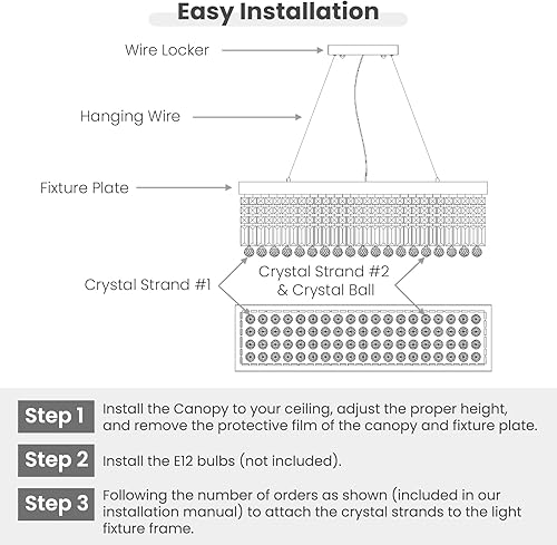 Miniatura 72 de 7PM Candelabro rectangular de cristal K9 moderno colgante rectangular para comedor, cocina, isla dormitorio, color negro, 47 pulgadas de largo x 10