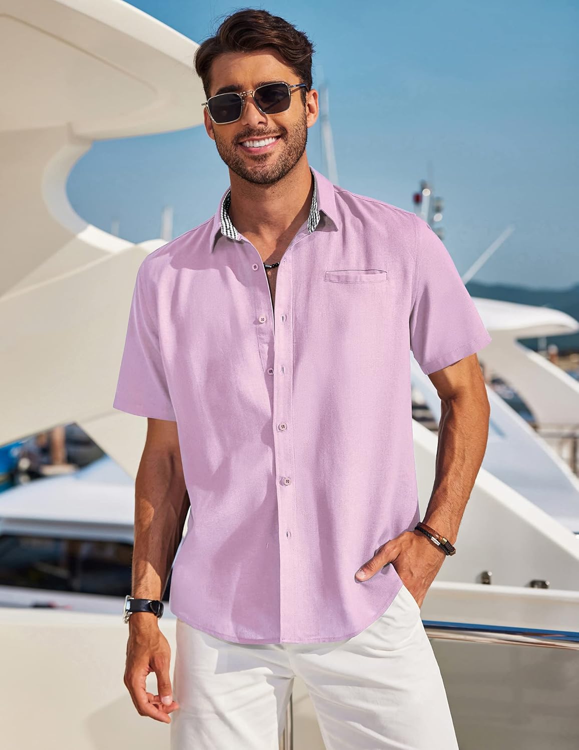 COOFANDY Men's Casual Linen Shirts Short Sleeve Button Down Shirt Summer Beach Tops - Image 2