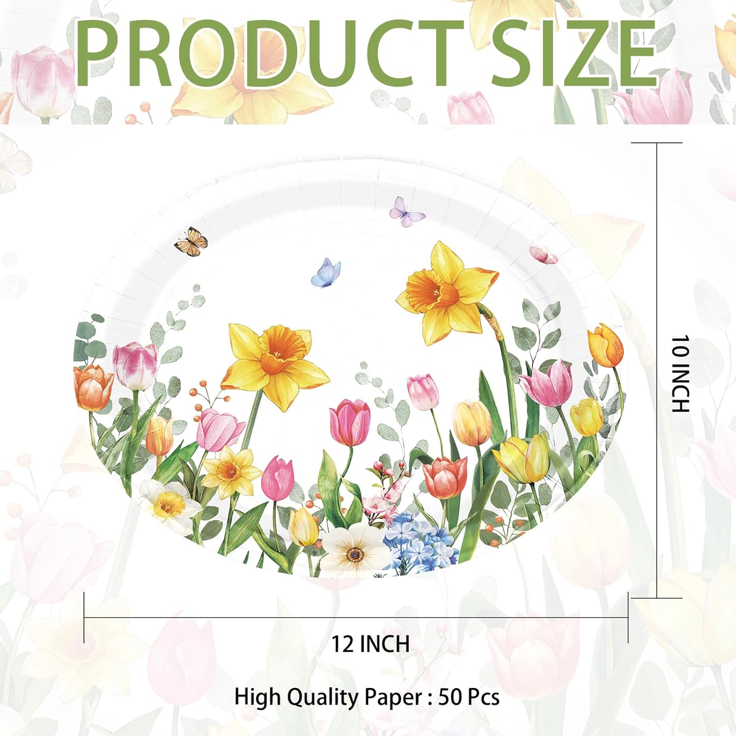 50 Pcs Tulip Paper Plates 10" x 12" Large Disposable Tulip Daffodils Floral Heavy Duty Paper Platters Blooming Flowers Butterfly Plates for Easter Spring Wedding Bridal Shower Birthday Party Supplies