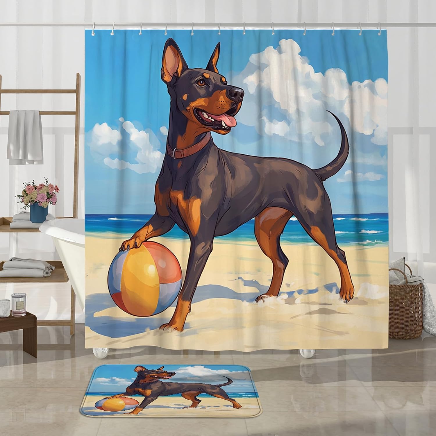 4PCS Doberman Dog Bathroom Accessory Sets with Non-Slip Rug, U Shape and Toilet Lid Cover Mat, Fun Puppy Animal Beach Cartoon Kids Bathroom Decorative-72''x72''