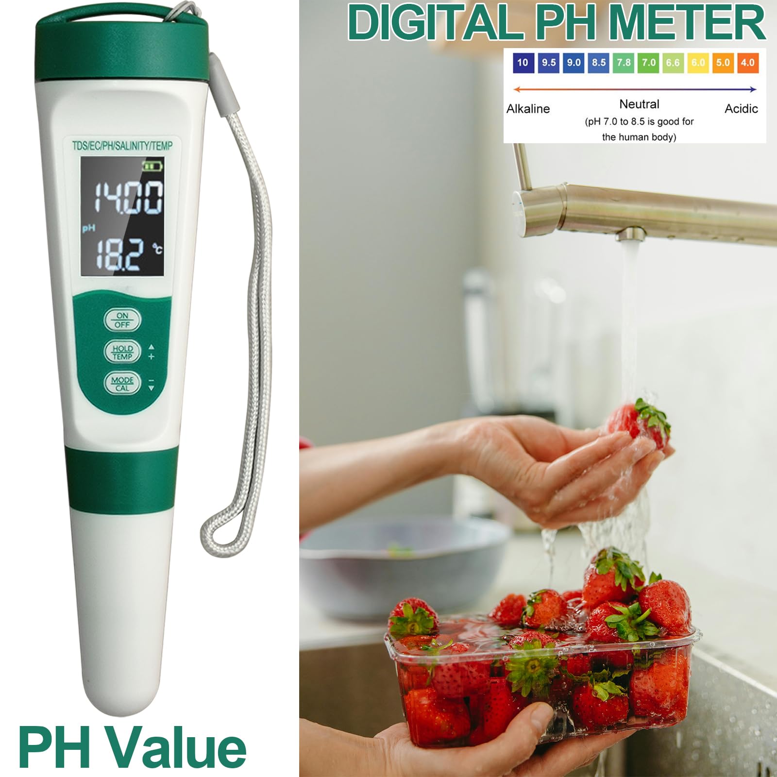 Display PH Meter Watter Tester 5 in 1, Funktionen: PH, TDS, EC, Salz, Temperatur, IP65 wasserdicht, hohe Genauigkeit mit 3 Kalibrierpulvern, für Salzwasserpool, Whirlpools, SPAs, Aquarium