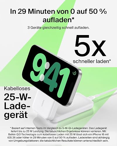 Belkin UltraCharge Chargeur Induction 3 en 1 Qi2, Station de Charge Magnétique 25W, Chargeur sans Fil avec MagSafe pour iPhone 17, iPhone Air, Apple Watch, AirPods, Pixelsnap avec Chargeur 45W, Blanc - 2