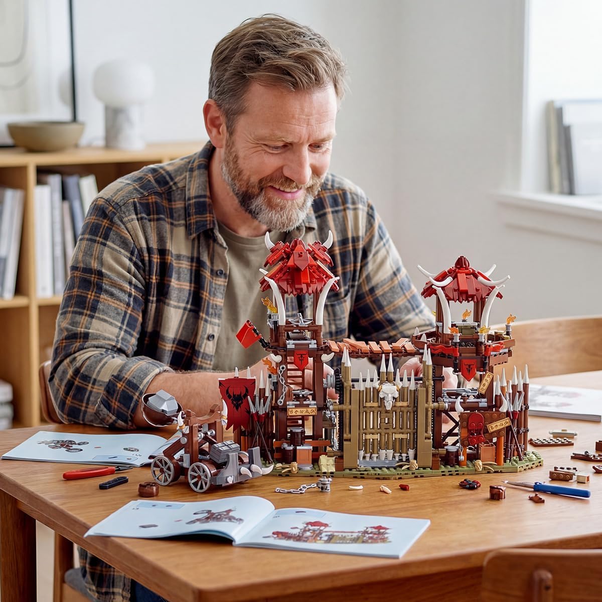 Medieval Bonfire Gate Castle Building Sets for Adults, Orc Fortress Watchtower & Catapult Architecture Modular, Knights Viking Village Home Decor 1279 PCS