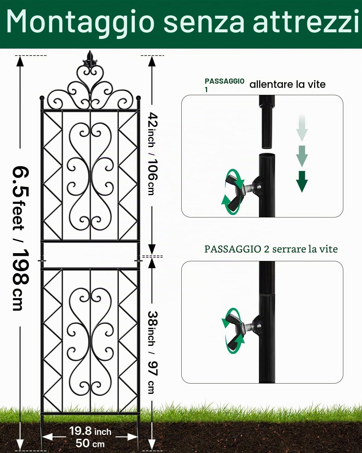 ARIFARO Set di 2 Tralicci per Piante Rampicanti, 200cm x 50cm Supporto in Metallo per Giardino e Balcone, Grigliato Decorativo Stabile e Antiruggine per Rose, Fiori e Vasi, Nero, Motivo floreale