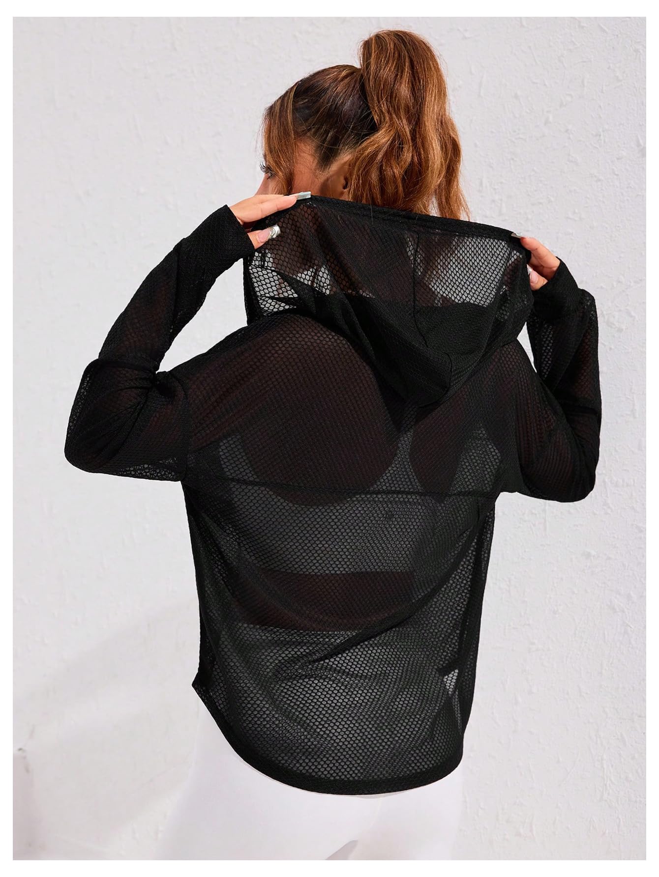 SweatyRocks Women's Zip Up Hoodie Sheer Mesh Hooded Workout Running Jackets Black Small