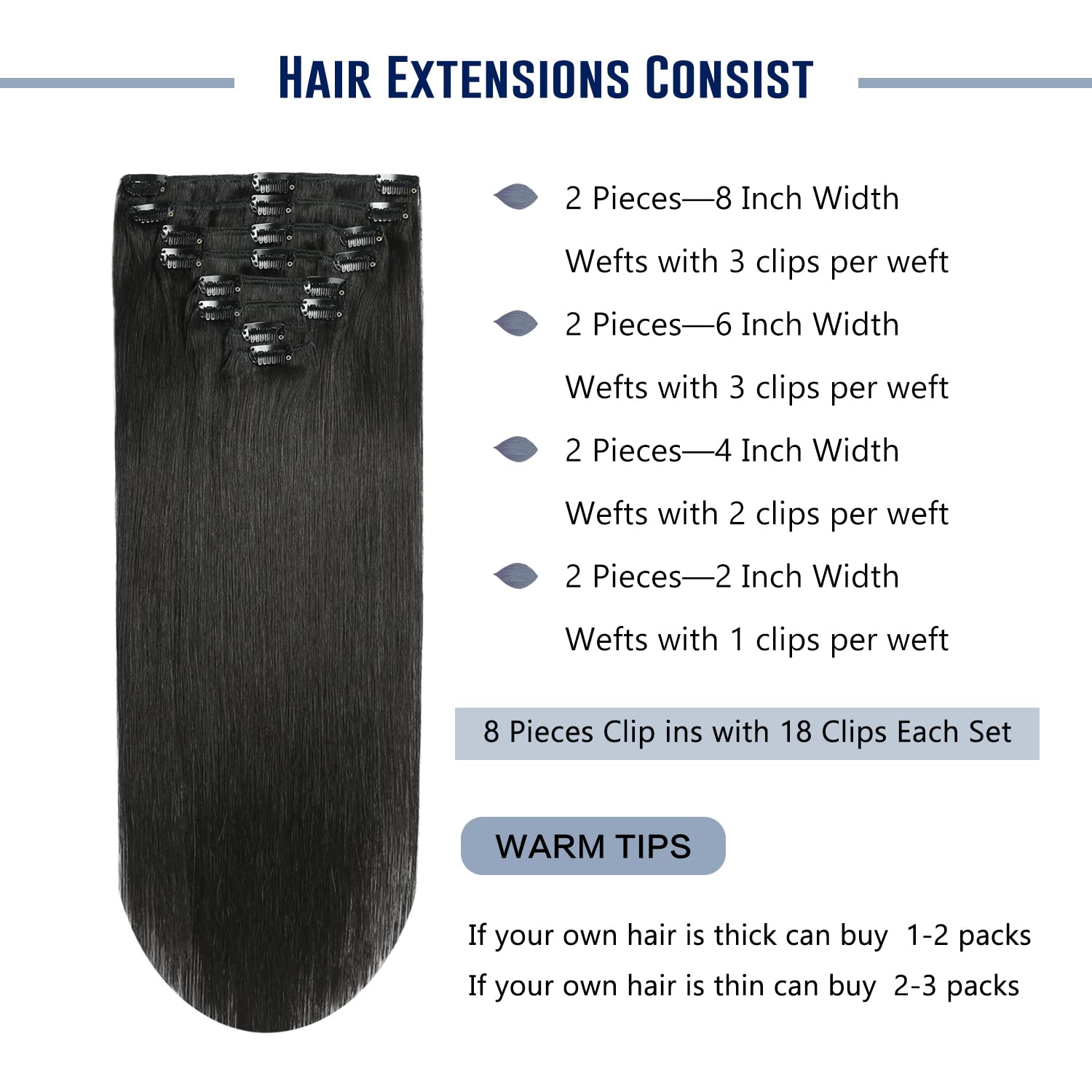 Sunya Clip in Hair Extensions Real Human Jet Black Remy Hair Extension Clips Seamless Invisible Natural Straight 14 inch 110g/Pack 8pcs Double Drawn Skin Weft - Image 3
