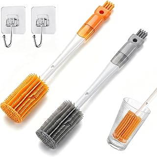 2 Stücke 5 In 1 Flaschenbürste Set, Multifunktionale Silikon Flaschenbürste mit Langem Griff und 2 Haken, Reinigungsbürste für Babyflaschen Wasserflaschen Gläser Strohhalme Kaffeebecher, BPA-frei