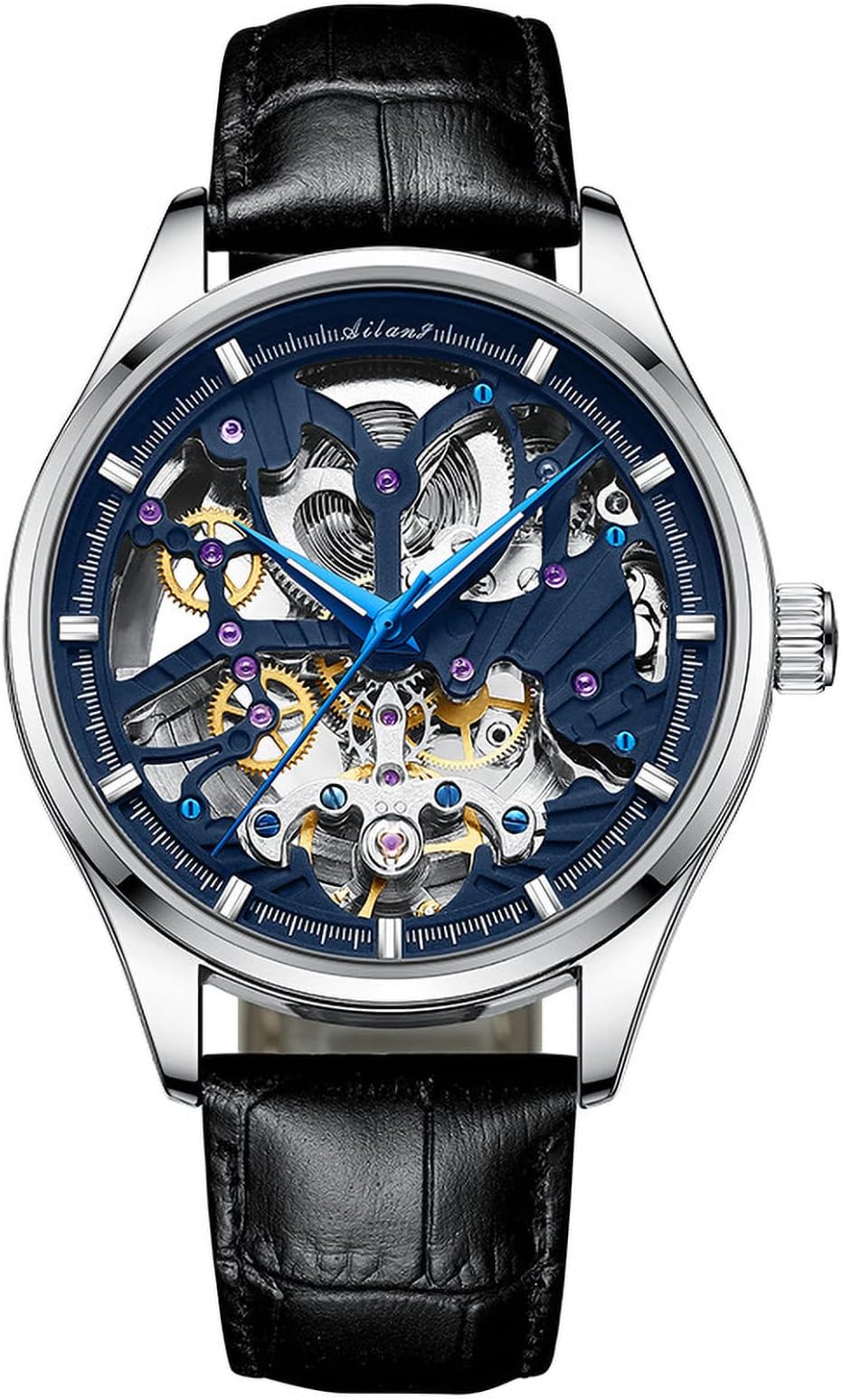 Men's Automatic Watches Skeleton Male Wristwatch with Leather Band