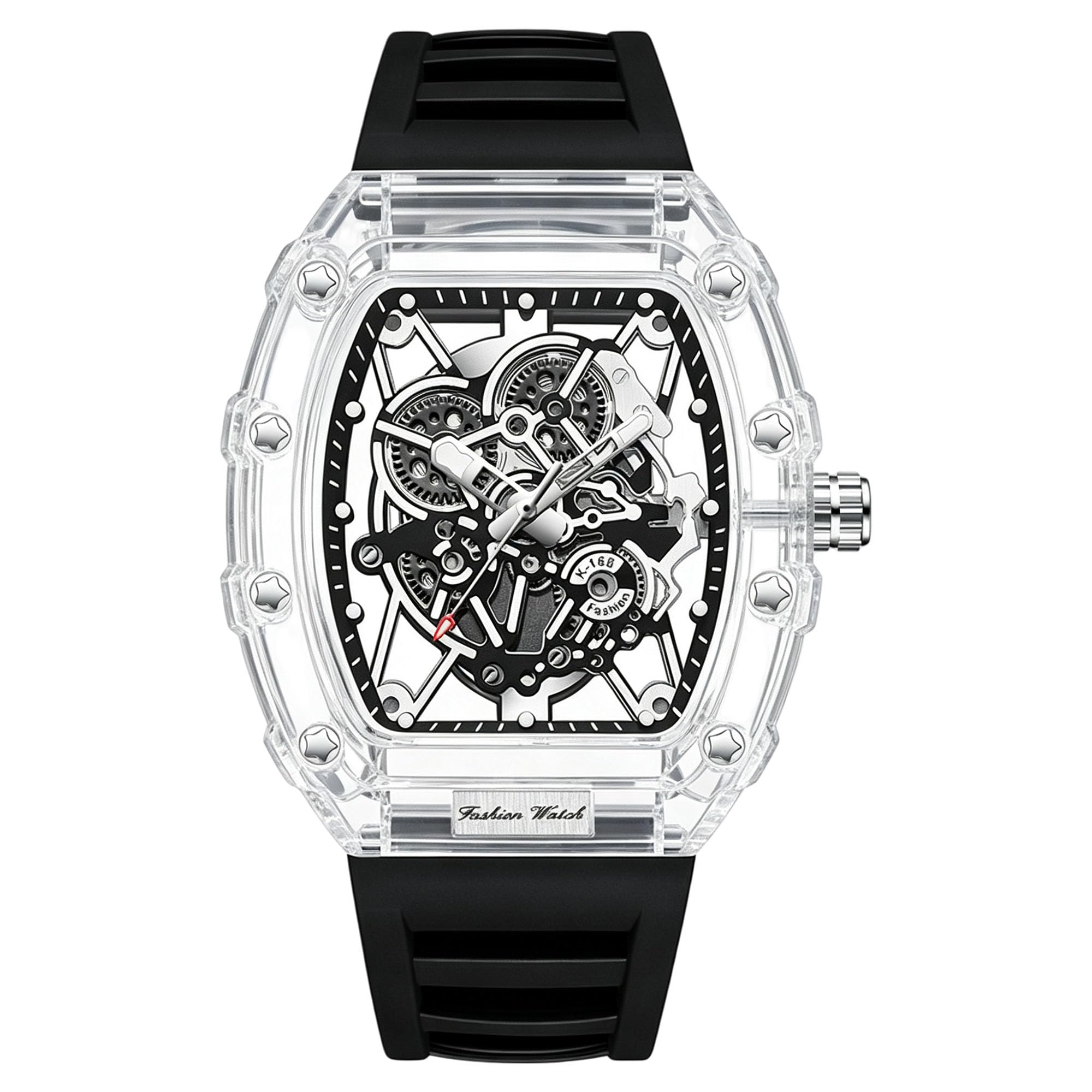 Gosasa Tonneau - Reloj de pulsera para hombre con pantalla analógica transparente, correa de silicona, calendario, cuarzo, impermeable, tendencia masculina