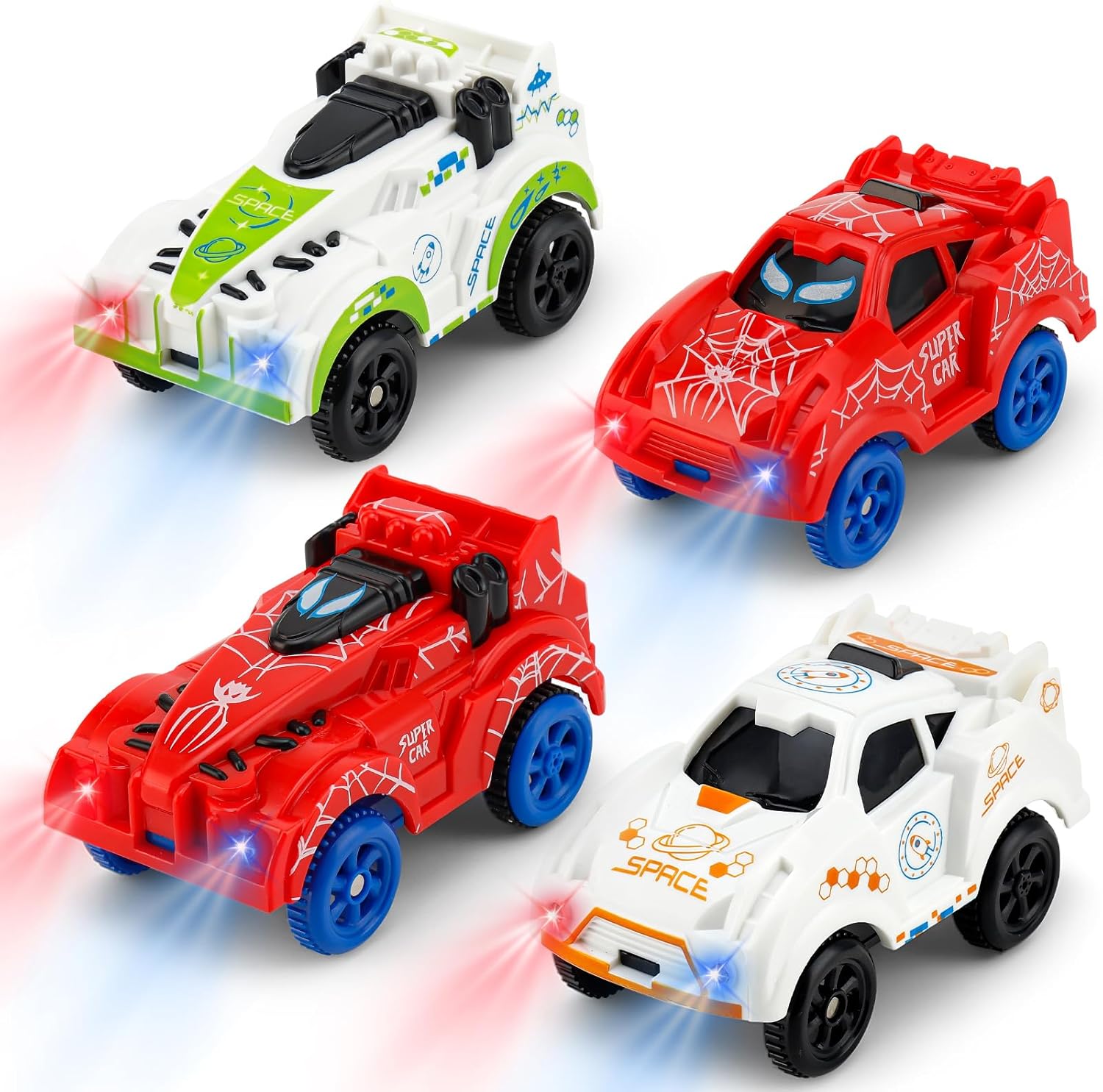 Save Unicorn Tracks Cars only Replacement,Track Cars for Tracks Glow in The Dark, Car Tracks Accessories with 3 Flashing LED Lights, Compatible with Most Tracks Car for Kids Boys(4pack)