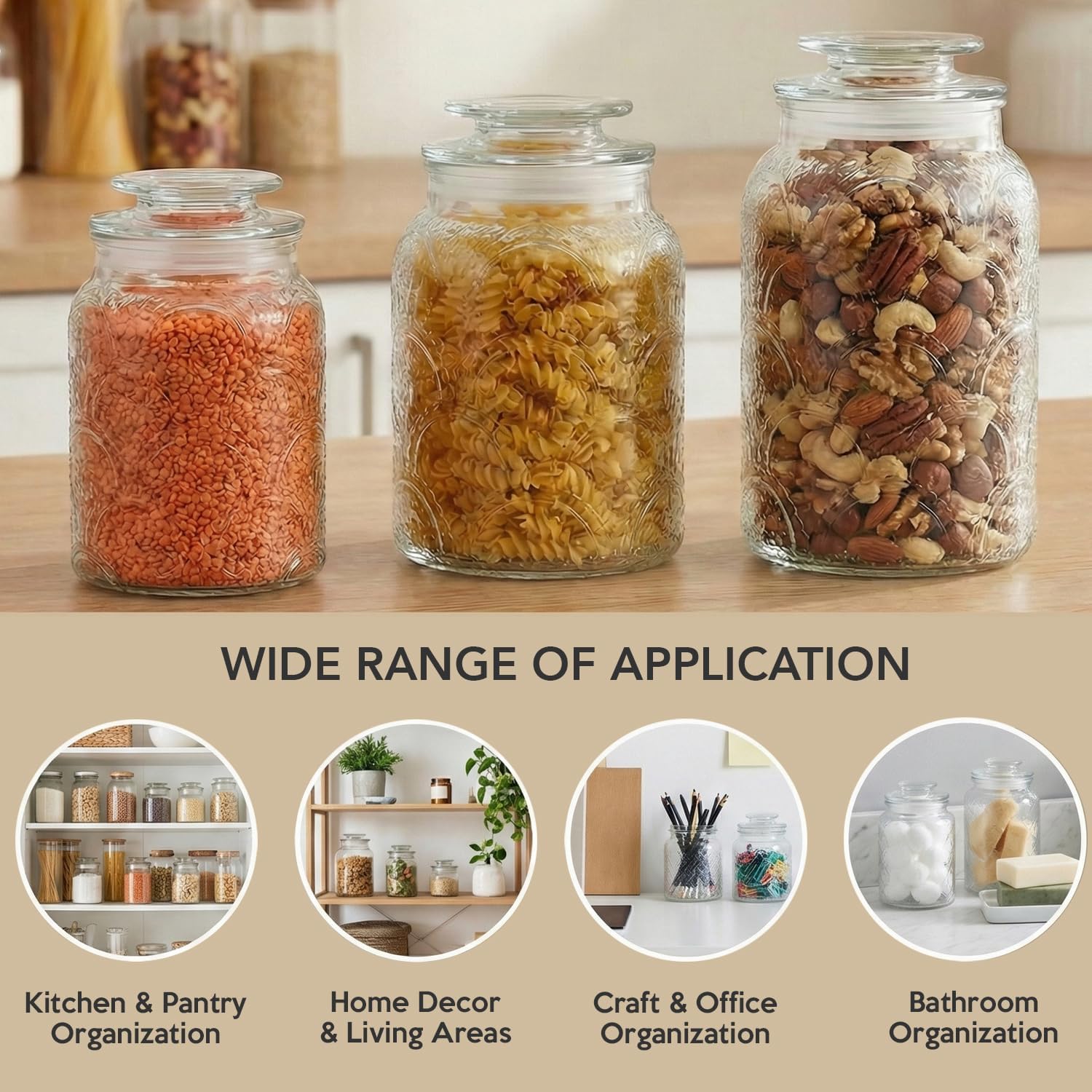 Style Setter Canister Set 3-Piece Glass Jars in 34oz, 44oz & 54oz Retro Design Lids for Cookies, Candy, Coffee, Flour, Sugar, Rice, Pasta, Cereal & More - Image 6