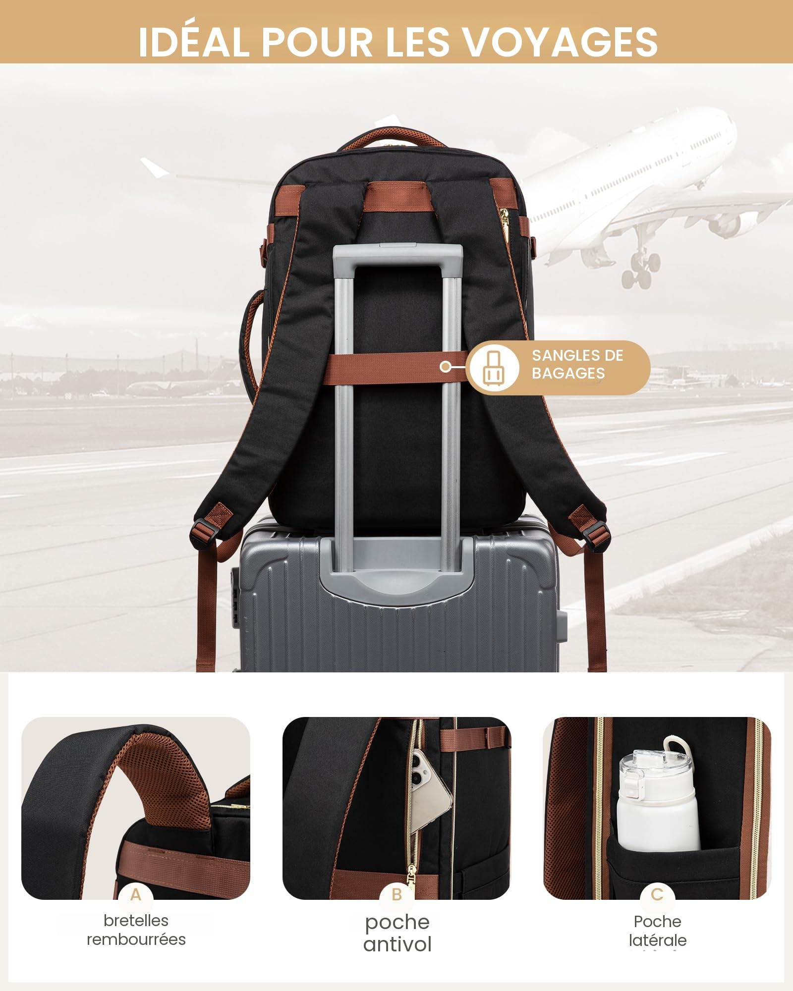 LOVEVOOK Sac a Dos Voyage 40L, Grand Sac à Dos Femme Cabine Avion Bagages Cabine Homme, Antivol Travel Backpack Portable 17 Pouces Imperméable, pour Voyages d'Affaires, Travail, Loisirs et École