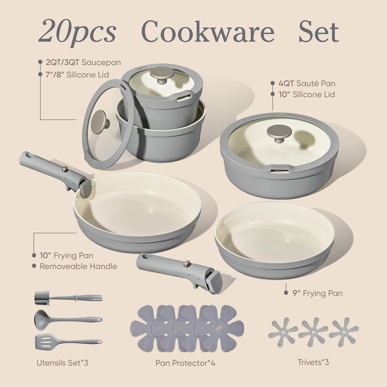 carote 21pcs ceramic cookware set with detachable handles, pots and pans set non stick, rv kitchen cooking pot and pan, dishwasher safe, non-toxic induction cookware pfas and pfoa free, grey gray 20 pcs