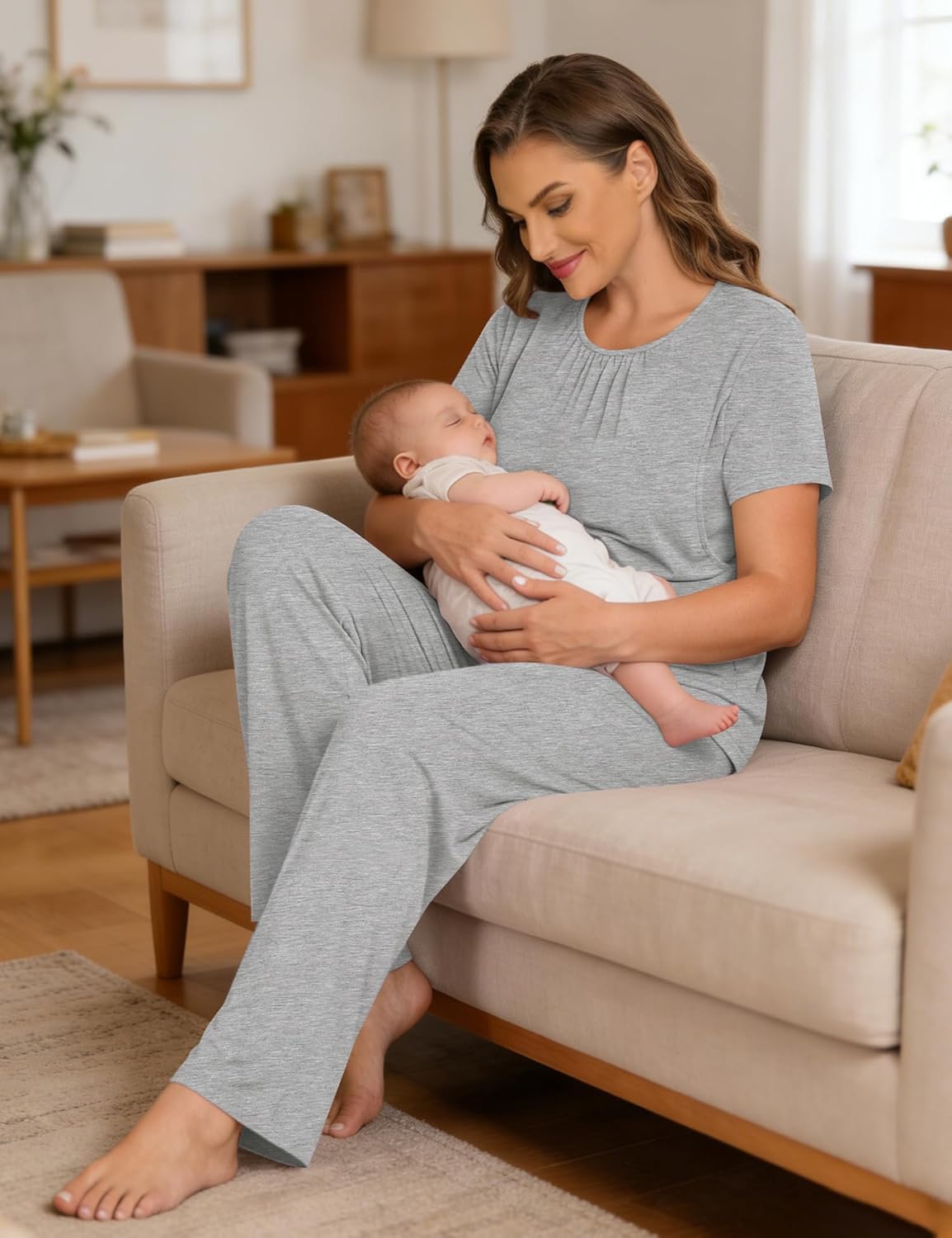 SWOMOG Women 3Pcs Maternity Pajama Set Nursing Pjs Pregnancy Set Breastfeeding Pjs Double Layer with Pockets - Image 3