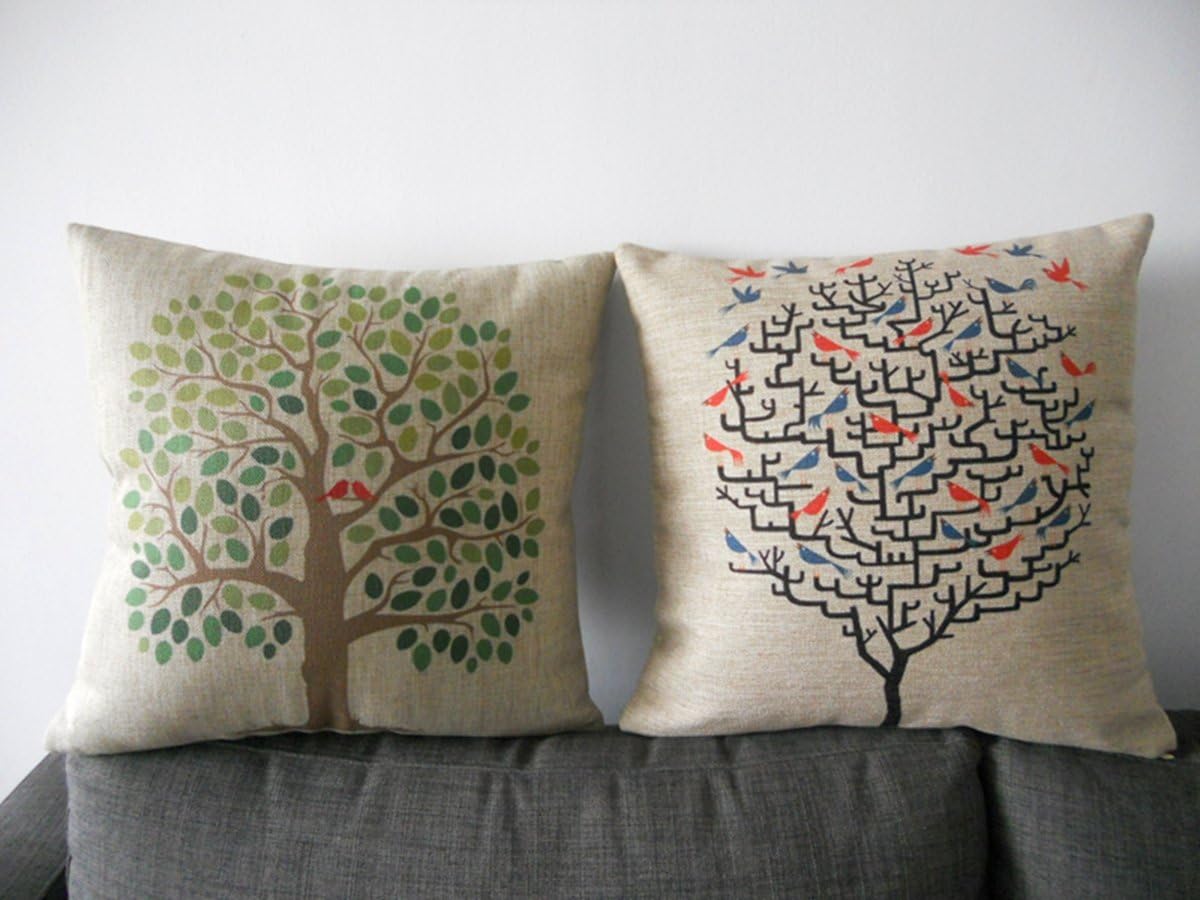 Decorbox 2 Pieces Decorative Cotton Linen Square Throw Pillow Case Cushion Cover Throw Pillow Shell Pillowcase Lucky Tree with Birds 18 "X18 "