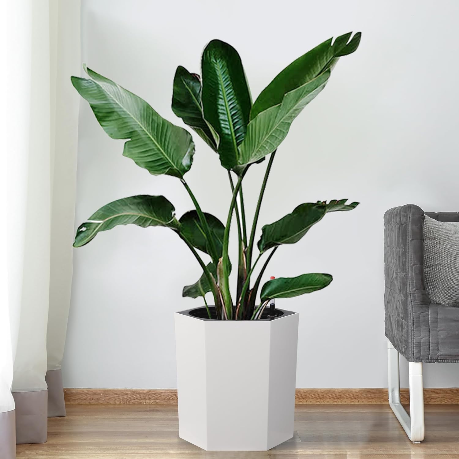 GarveeHome Set of 2 Self Watering Tall Flower Pots – 16 Inch Large Planters with Water Level Gauge, Drainage Hole & Wheels – Indoor Outdoor Use for Garden, Patio, Balcony, Porch – White, 8007 Straight