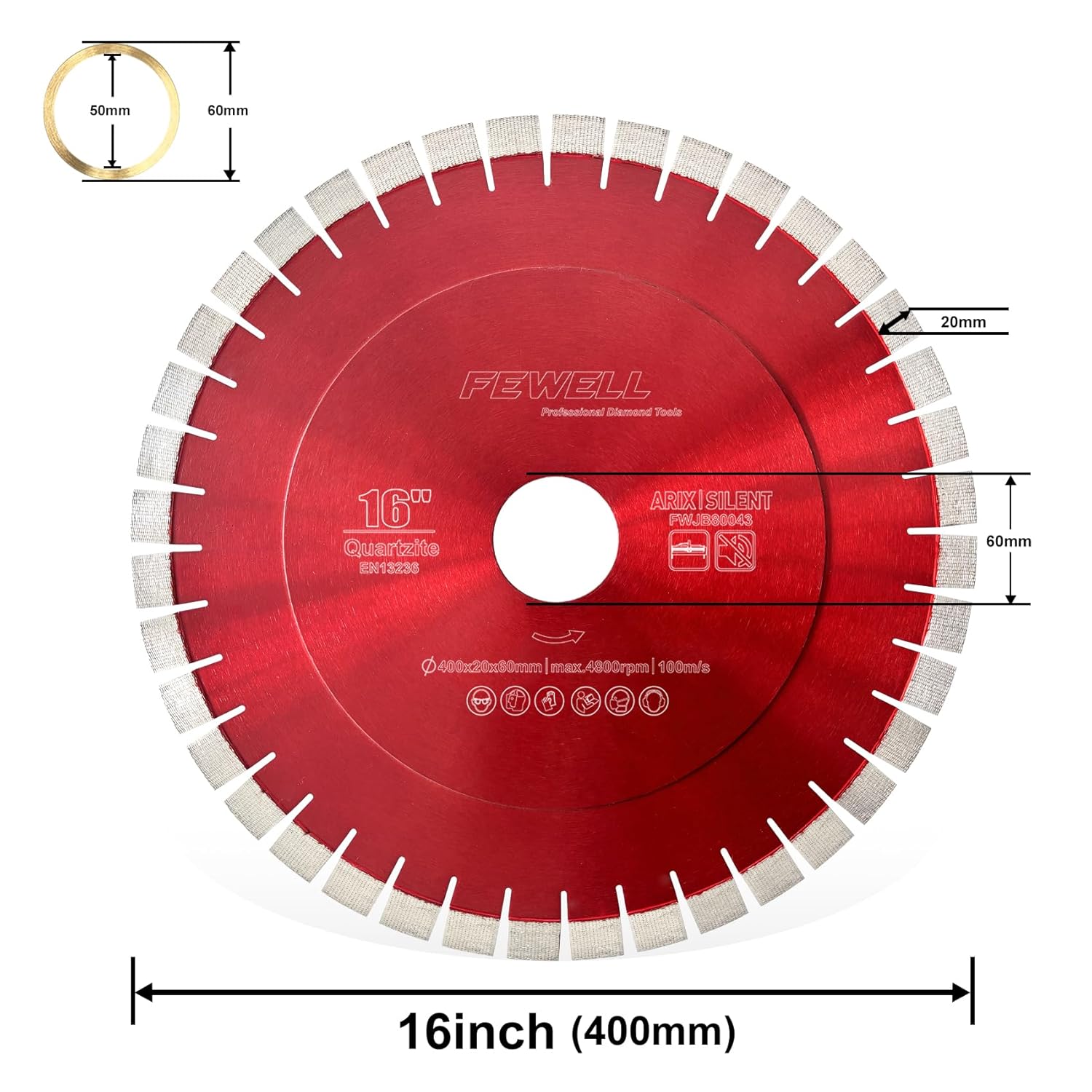 FEWELL 16inch Bridge Saw Blade for Cutting Quartzite, 400mm Silent Core Diamond Blade with 20mm Arix Segment and 60mm Arbor with 50mm Ring