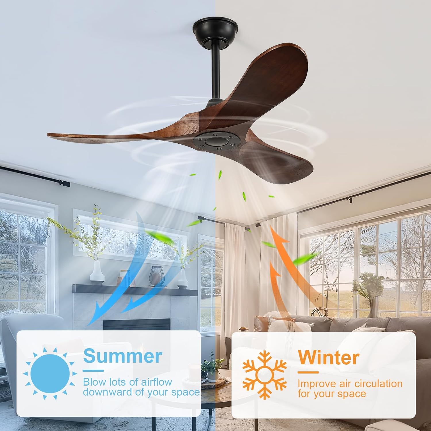 42-Inch Wood Ceiling Fan without Light, DC Motor, 3 Walnut Blades, Remote Control,Outdoor Ceiling Fan with Quiet Operation and Large Airflow (Black+Dark Walnut, 42 inch)