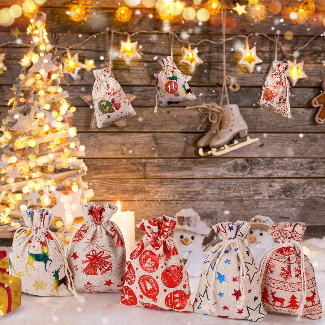 24er Adventskalender-Set, DIY-Glitzer-Weihnachtsdeko mit Süßigkeiten-Geschenktasche, Aufhängekalender und Geschenkbeutel für Xmas, 24 nummerierte Fächer für täglichen Countdown bis Heiligabend