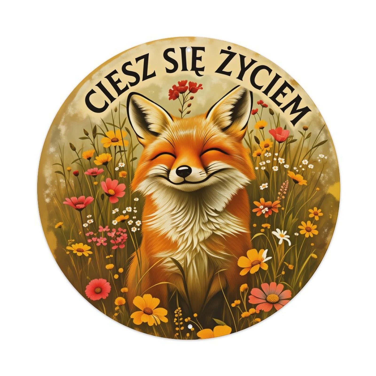 Fox In Flower Field With Text Round Tin Sign Vintage Style Metal Sign Home Bar Garden Wall Plaque Decor Metal Poster 8x8 Inch
