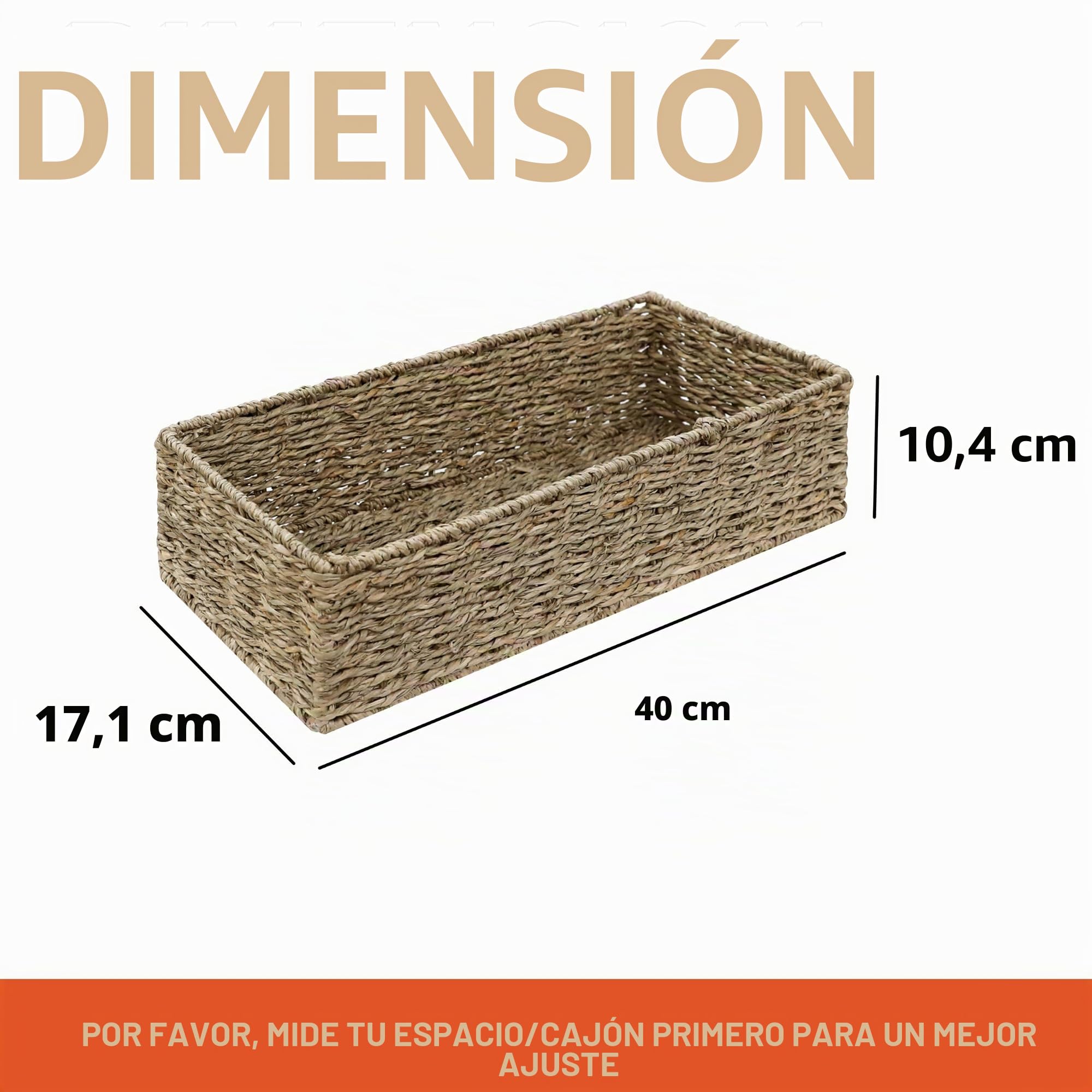 HOMESTEAD Cestas de almacenamiento de hierba marina, cestas de mimbre rectangulares largas y estrechas para dormitorio, sala de estar, baño, estantes, juego de 2
