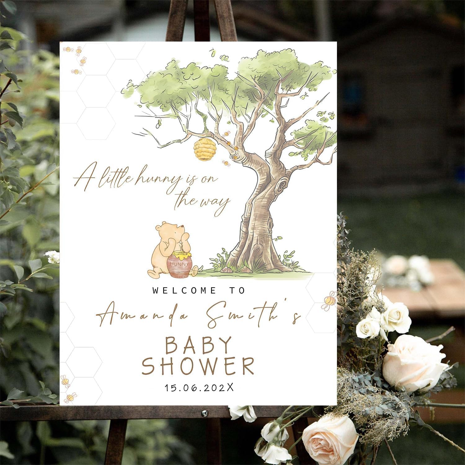 Personalized Bear Pooh Baby Shower Sign, Unique Custom Baby Shower Welcome Yard Sign Party Decorations Plastic with H Stakes, Double Sided, Full Size