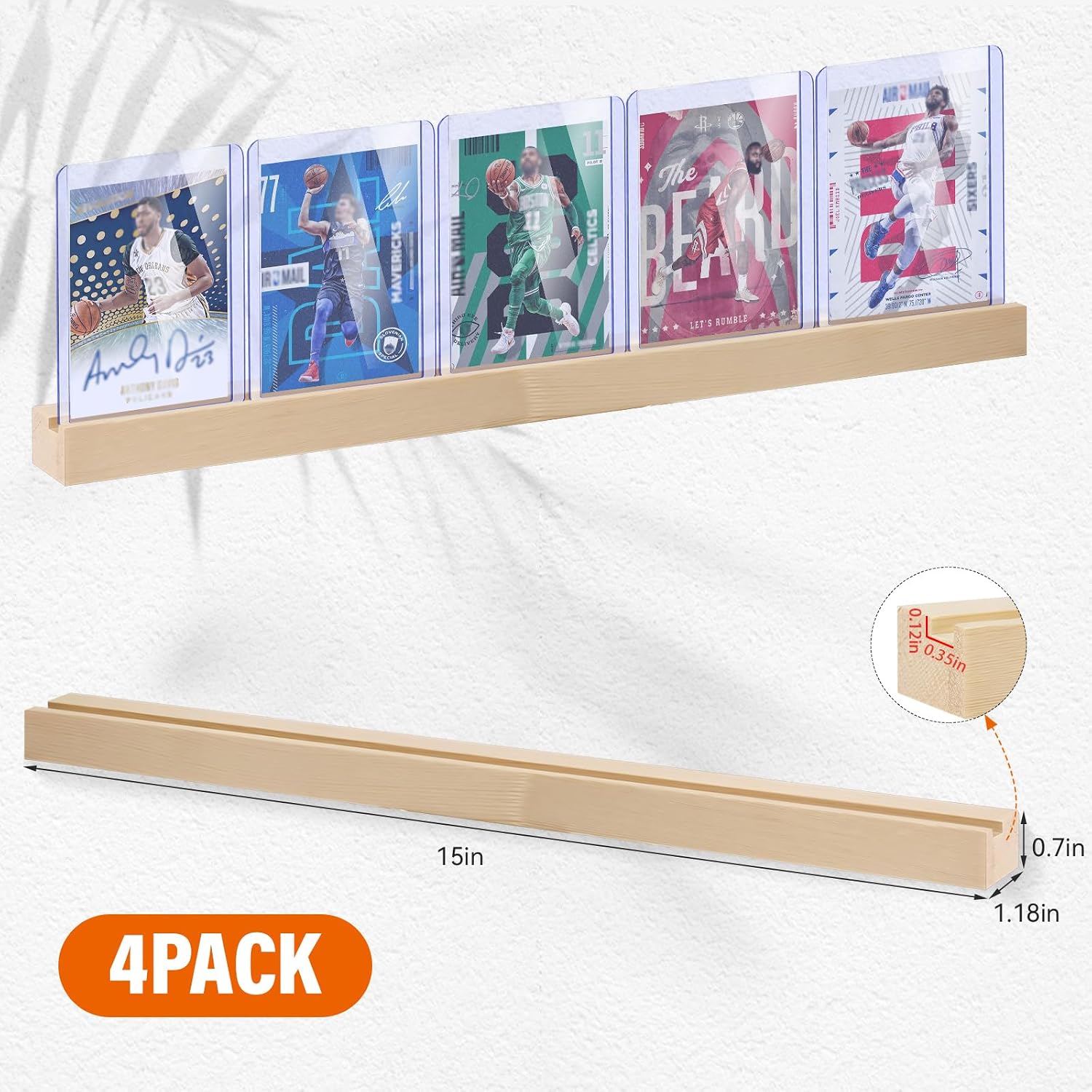 Sports Card Display Shelf for Wall, Holds 20 Trading Cards, 4PCS Wooden Card Holder for Baseball, Football, Basketball, and Graded Card Collection, Natural