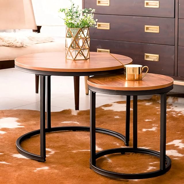 HEYZOEY Round Coffee Table, Removable Set of 2 Side Table, Modern Nesting Table with Metal Frame Legs and Wooden Accent Top for Living Room, Bedroom, Office, Balcony, Industrial (Rustic Brown/Black)