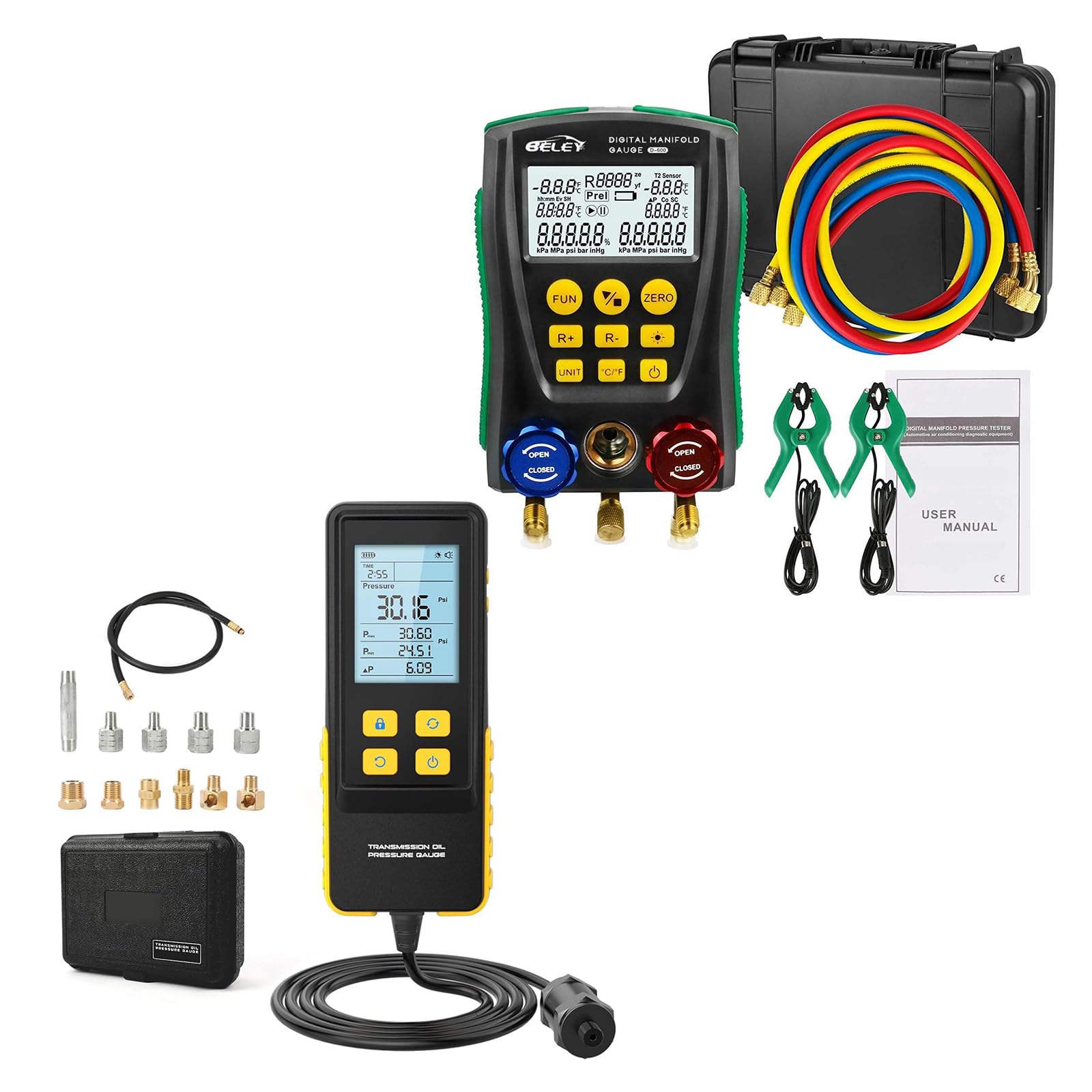 BELEY Refrigeration Digital Manifold HVAC System Gauge Set with Digital Automotive Transmission Oil Pressure Tester Kit