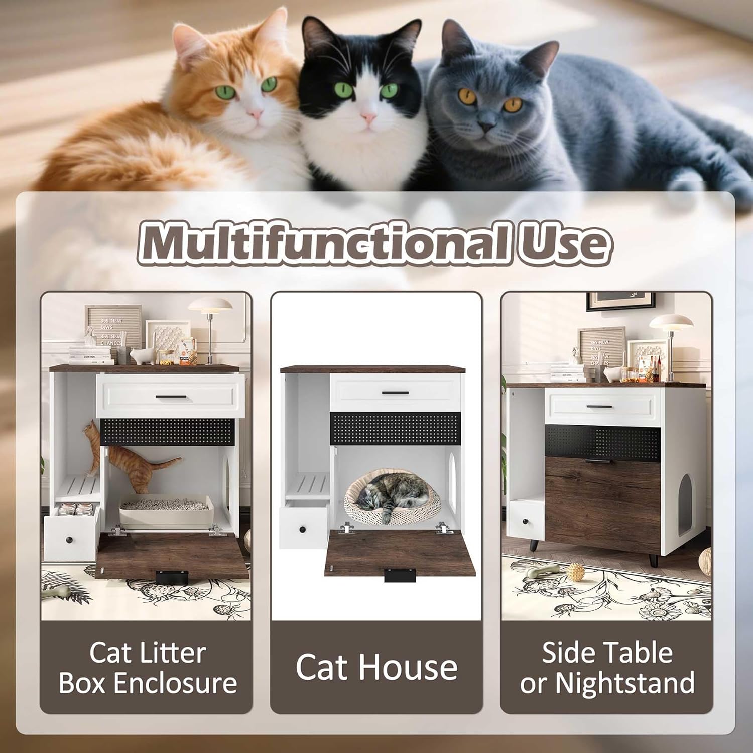 31.8” Cat Litter Box Furniture, Hidden Litter Box Furniture with Storage & Side Table, Enclosed Wood Cat House, Farmhouse, Suitable for Living Room Bedroom, Easy Assembly (White+Brown)