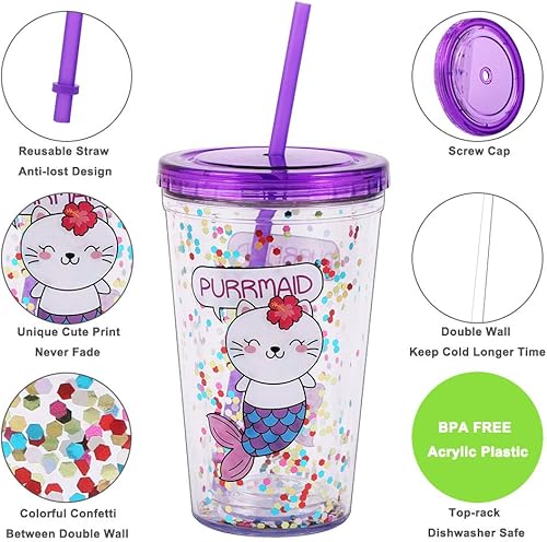 Miniatura 2 de Lindo vaso con tapa y pajilla, vaso de acrílico con aislamiento de doble pared para niñas, mujeres, niños, 18 onzas  18.6 fl oz (gato sirena)
