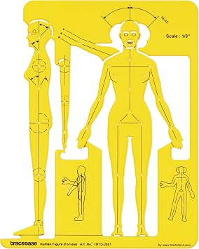 Traceease Full Human Body Figure Stencil Female Human Outline Drafting Tool with Front and Side Poses for Anatomy Reference, Sewing Figure Planning, Pattern Layouts and Fashion Design Study