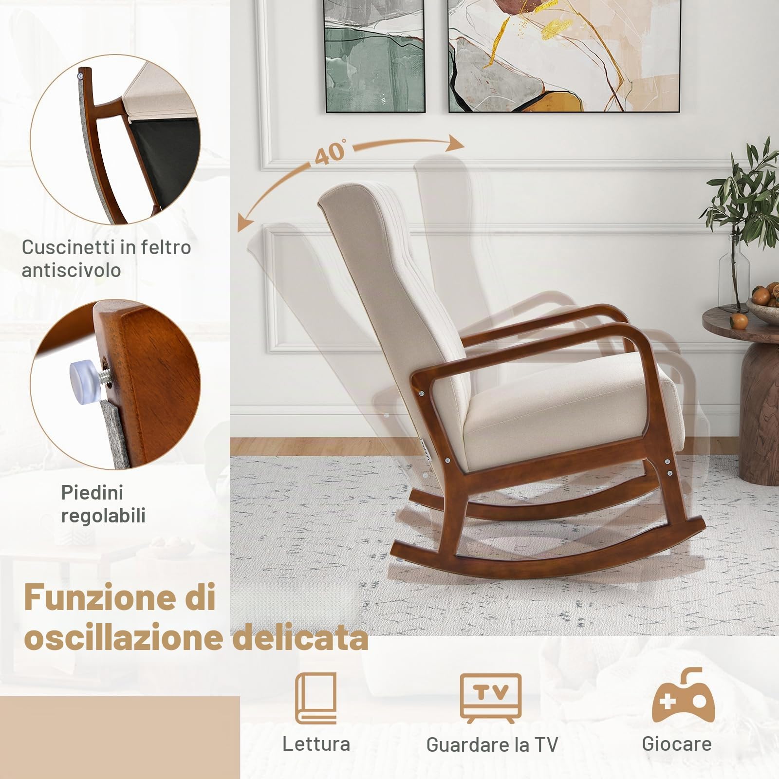 GIANTEX Sedia a Dondolo con Poggiapiedi, Poltrona Camera da Letto, Poltrona a Dondolo da Interno, Set Sedia a Dondolo e Poggiapiedi per Cameretta, Salotto 2 Colori
