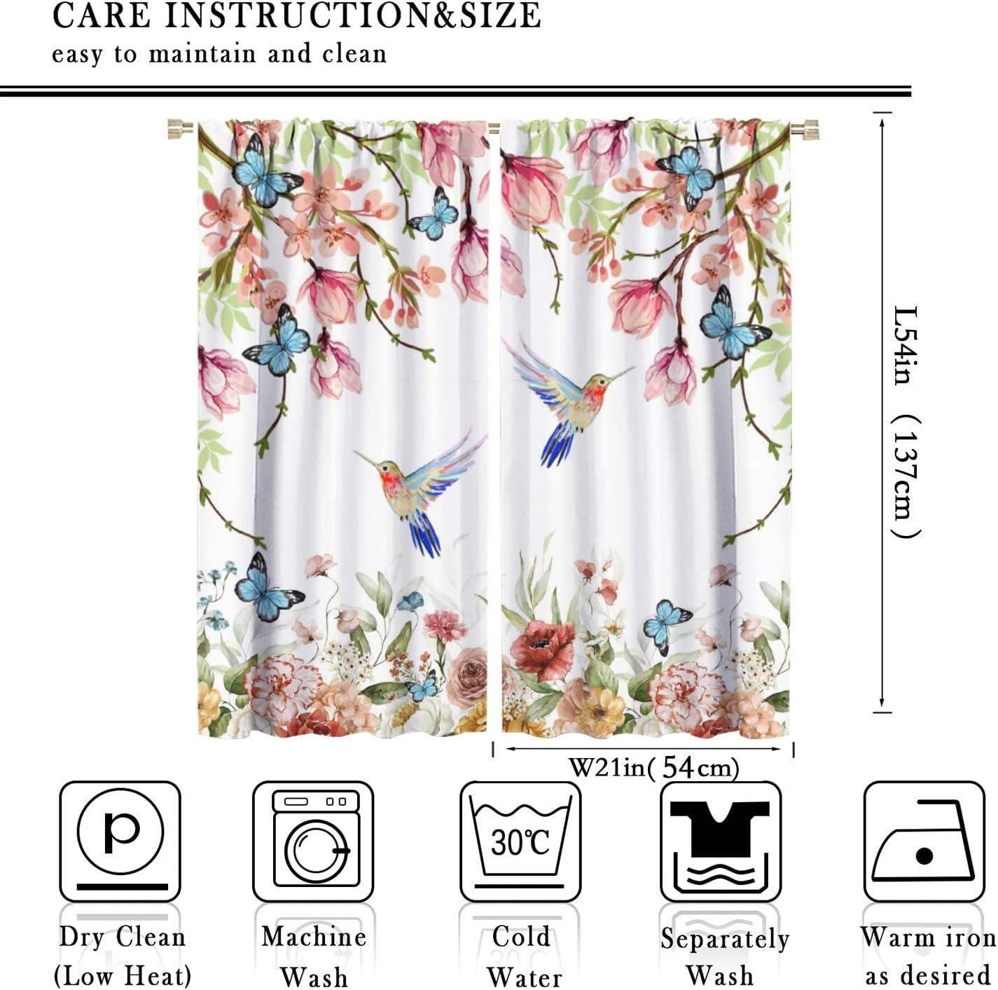 Rustic Farmhouse Hummingbird Curtains Watercolor Colorful Spring Forest Wildflower Bird ButterflyWindow Drapes Rod Pocket Curtains Darkening Window Treatments 42x54 Inch