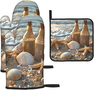 Oven Mitts and Pot Holders Set of 3 Heat Resistant Non-Slip Kitchen Gloves Hot Pads Ocean Beach Mussel Pearl Oven Mitts Kitchen Mittens Gloves Non-Slip Potholders for Cooking Baking Grilling BBQ