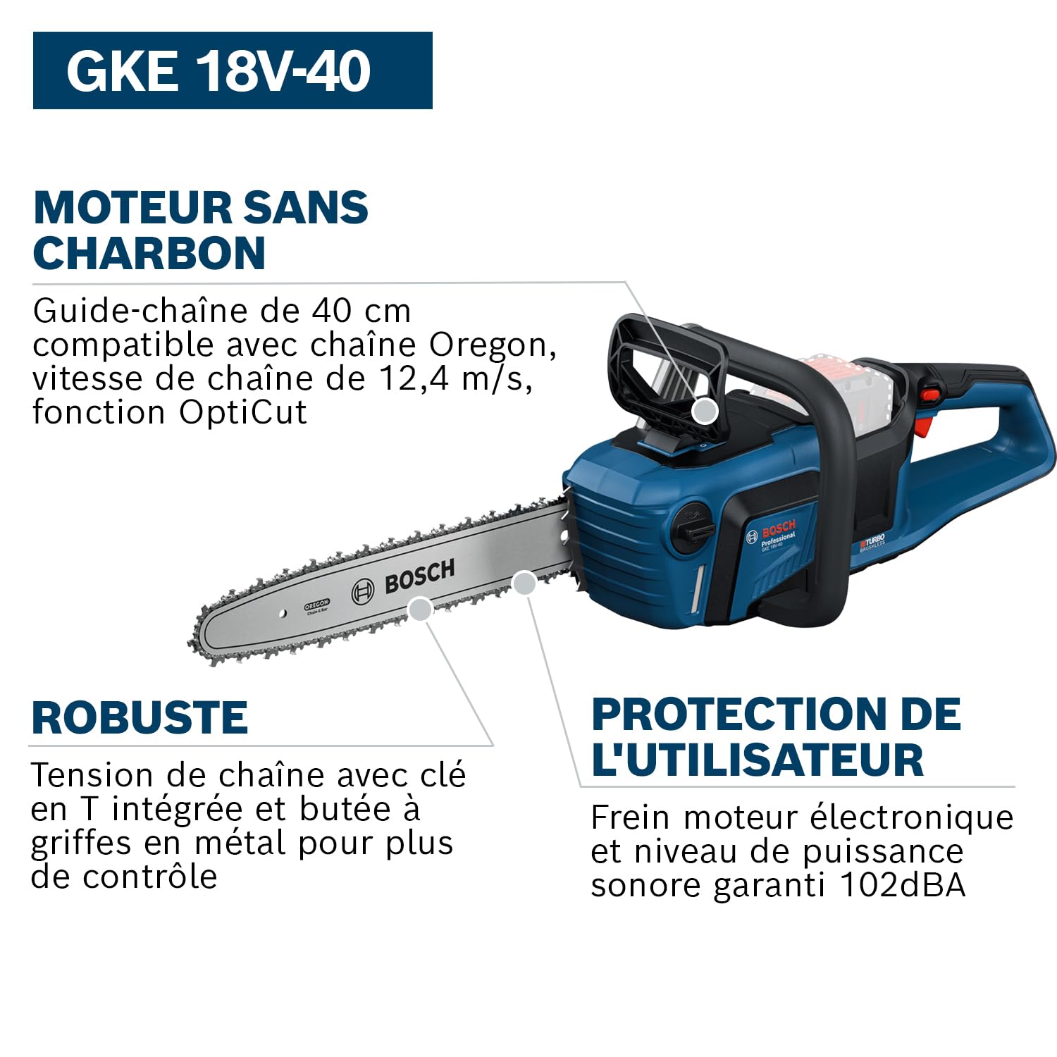 Bosch Professional 18V System tronçonneuse à chaîne GKE 18V-40 (guide-chaîne de 40 cm, moteur sans charbons à technologie BITURBO, avec clé intégrée en T, couvre-chaîne, sans batterie)