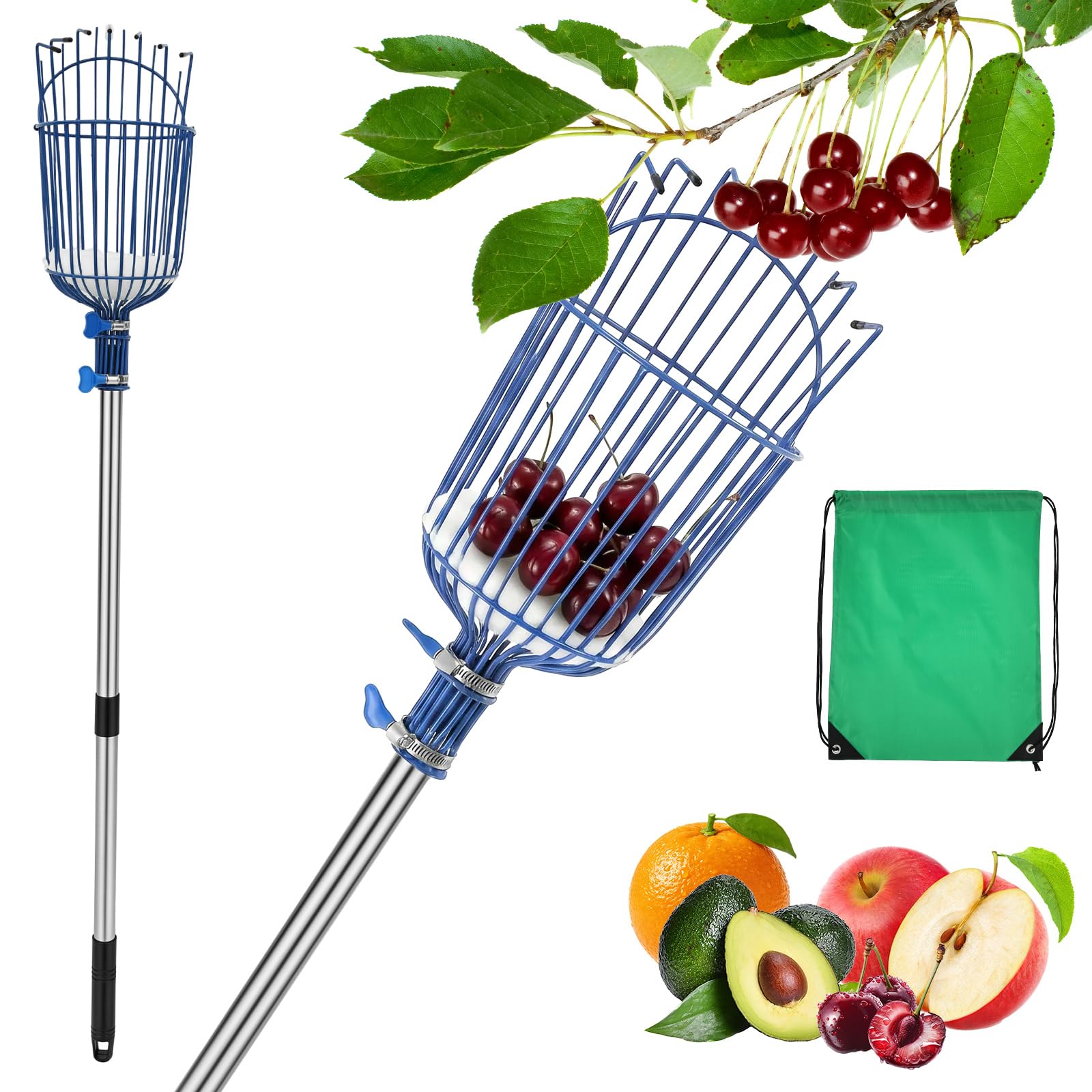 Fruit Picker 3.47M, Fruit Picker Tool with Adjustable Stainless Steel Pole and Basket, Long Handle Grabber Catcher with Foam Pad for Picking Lemon Pear Orange Avocado Peach Citrus
