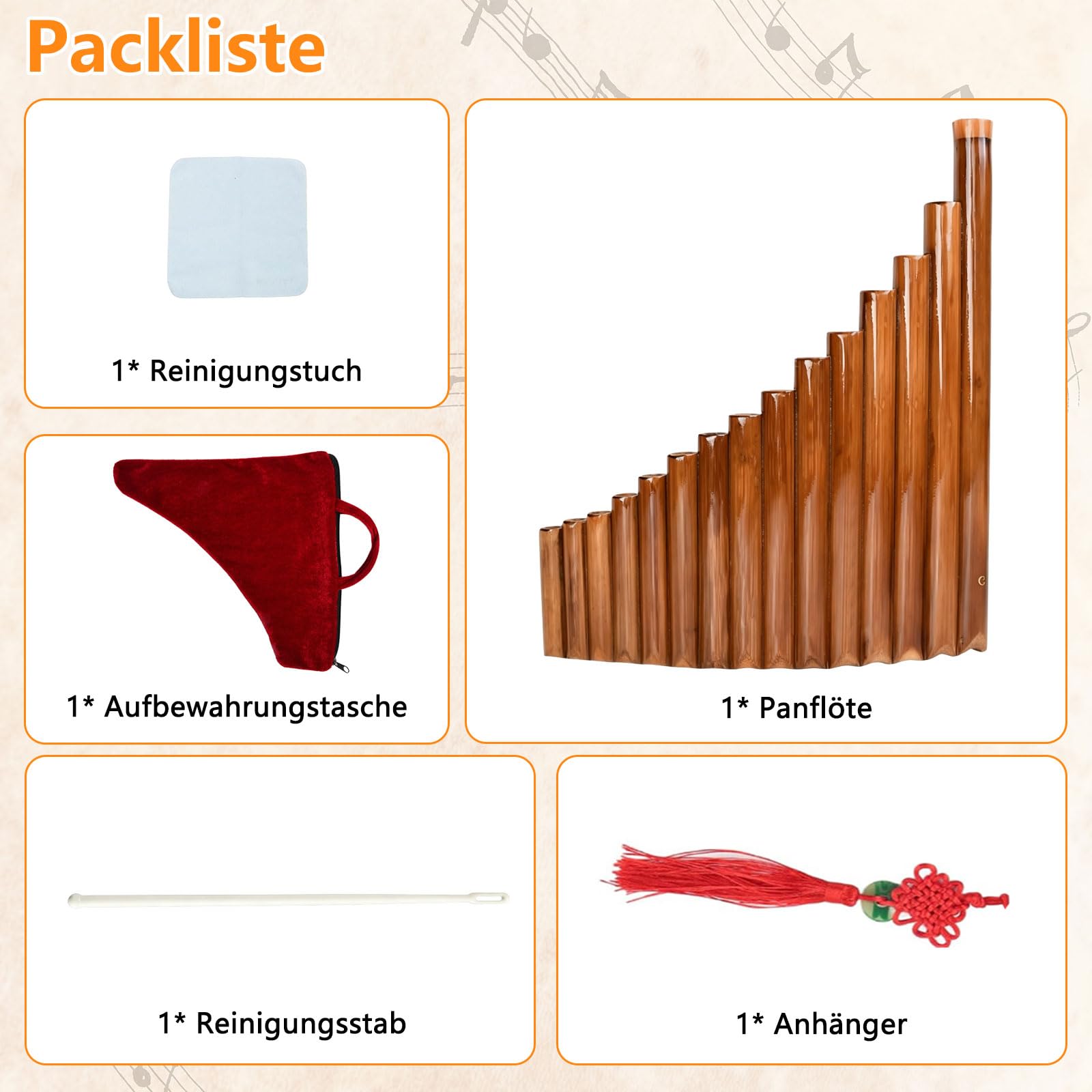 Panflöte 15 Pfeifen, Instrument Aus Bambus, G-Ton, Rechte Hand | mit Umhängeband, Reinigungstuch, Reinigungsstift und Aufbewahrungsbeutel, für Anfänger, Musikinstrumente